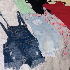 2 pair overall jean shorts adjustable straps. 5 undershirt cami tops. 7 pieces